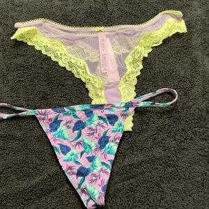Victoria's Secret Yellow Lace and Pink Leaf Thong Set